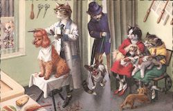 Cats at Barber Shop with Dogs Postcard