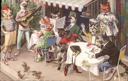 Cats Sitting Outside Listening to Music Dog Knocking Over Table Postcard