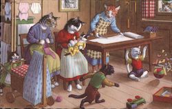 Anthropomorphic cats playing and sewing Postcard