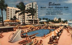 Belmar Hotel Pool Cabana Club. Directly on the Ocean at 26th Street. Completely air conditioned. Free parking on premises. Miami Beach, Florida Postcard