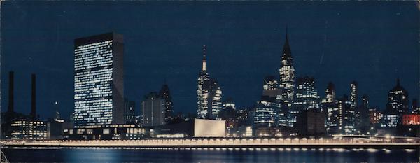 United Nations and City Skyline By Night From Welfare Island New York