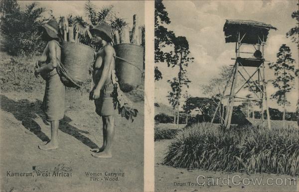 Women Carrying Firewood and Drum Tower Cameroon Africa