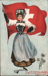 Flag of Switzerland, Woman in Traditional Costume, Edelweiss Postcard