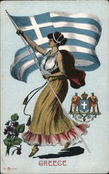 Woman with Greek flag, the violet flower, and the royal coat of arms. Postcard