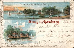 Aisterufer in St. Georg, Gruss aug Hamburg, Bootshaus Postcard