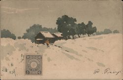 Watercolor picture of a snow clad houses Postcard
