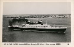 S.S. United States - Length 990 Feet - Breadth 101.6 Feet - Gross Tonnage 53300 Postcard