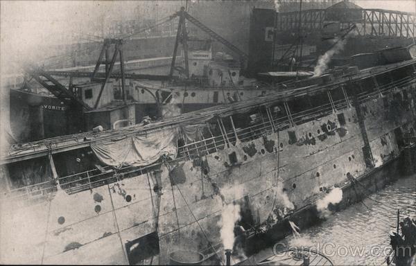 View of the slime smeared side of the death ship as it was being righted Chicago Illinois