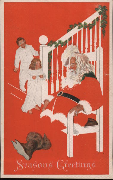 Fade Away Seasons Greetings - Two Children Finding Santa Asleep on a Chair