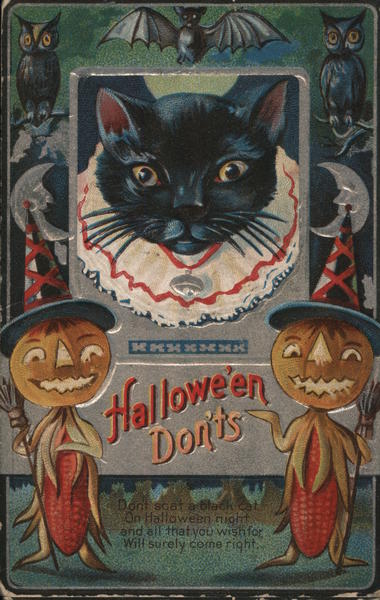 Halloween Don'ts Black Cat and Two Corn Scarecrows