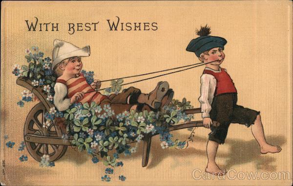With Best Wishes Boy Pulling Another Boy on a Wagon with Flowers