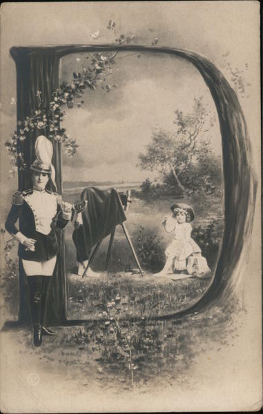 Letter D with Soldier and Girl in Hat Having Her Picture Made