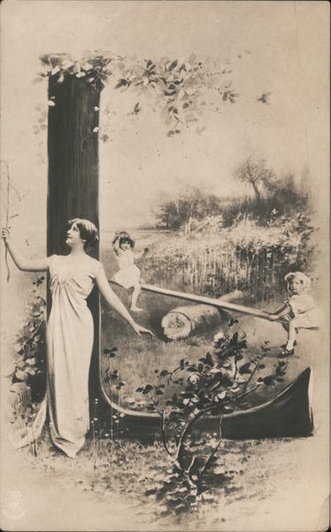 A Woman Posing in Front of a Letter L with Two Girls Behind Her