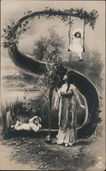 Woman and girls surrounding large letter 'S' Alphabet Letters