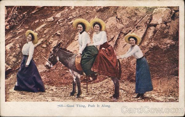 Good Thing, Push It Along. - Four Women in Sombreros, Two on a Donkey