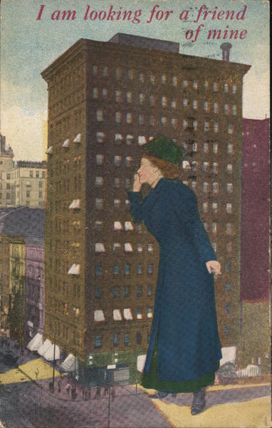 I am looking for a friend of mine - Giant Woman Looking Into Building