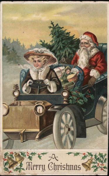 Woman Driving Car With Santa in Back Santa Claus
