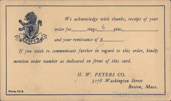 Order form for H.W. Peters Co. Business & Office