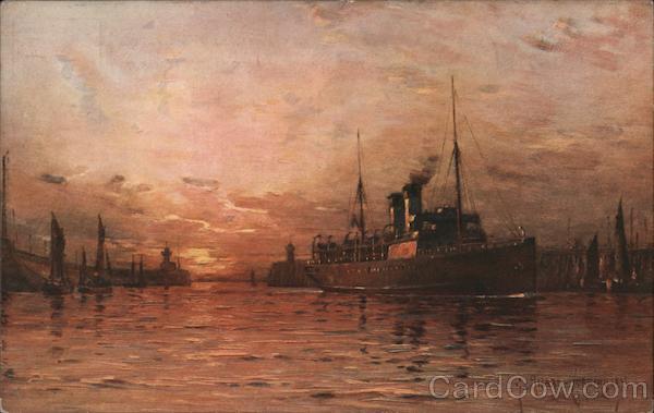 S.S. Onward of the S.E.L.C. & D. Railway Co. entering Boulogne Harbour at sunset