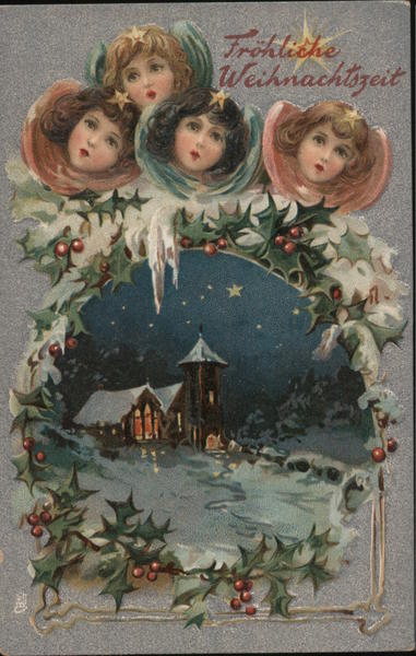 4 angelic faces seemingly singing christmas carols on a snowfilled night sky