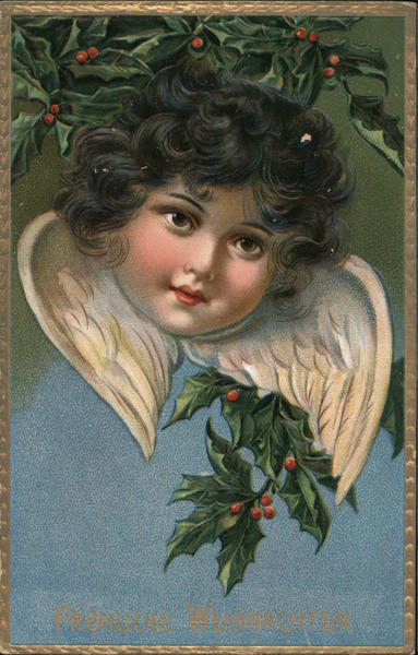 Tuck's Christmas Series 505 - Fröhliche Weihnachten! - Angel w/ Holly Branches