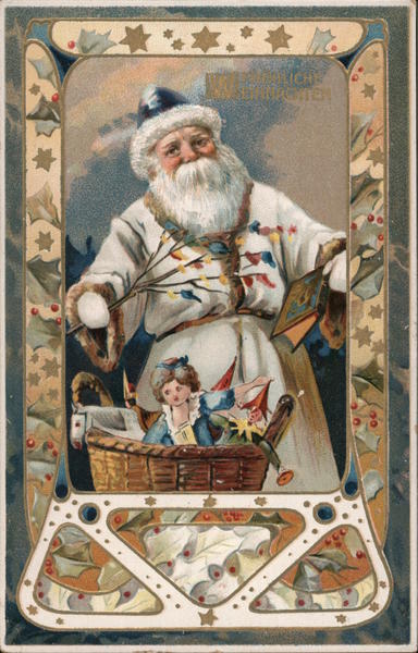 Santa Claus is standing in front of a basket full of toys