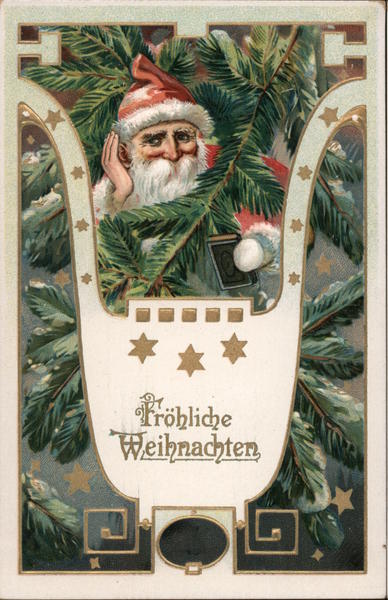 Santa Claus sitting in his sleigh hidden amongst tree branches so the children do not see him.