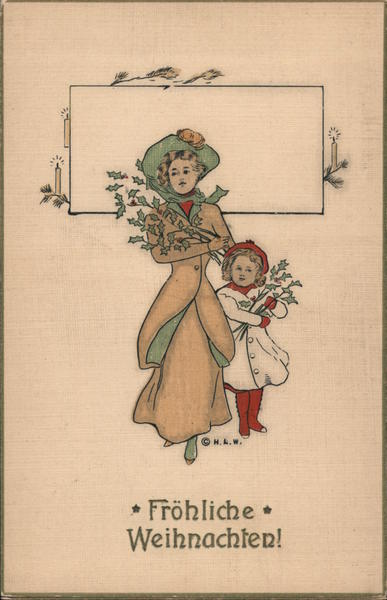 Fröhliche Weihnachten! - Woman and child carrying holly branches