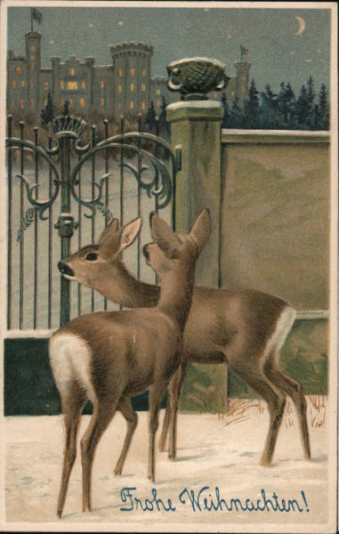 Frohe Weihnachten! Two Deer at Gate Christmas