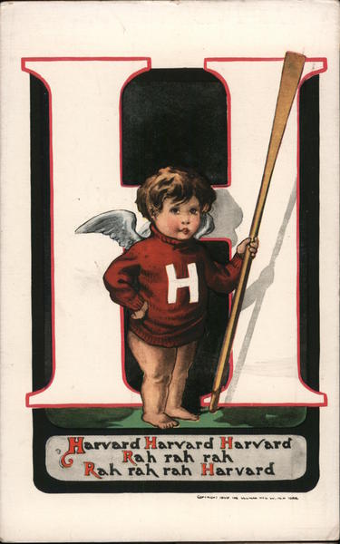 Harvard Cherub standing in front of a large H with a large stick.