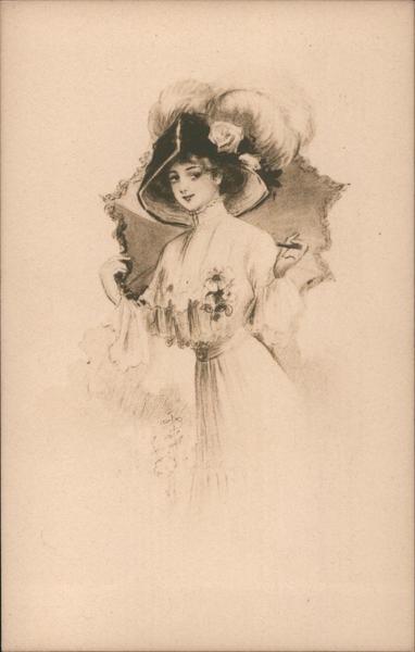 An Old-Fashioned Woman in a Hat with an Umbrella Women