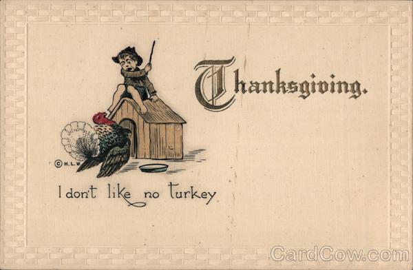 Thanksgiving - Child Sitting on Dog House Away from a Turkey