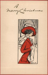 A Merry Christmas Woman Wearing Red Coat and Hat Postcard