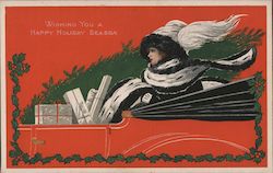 A woman with gifts in her car and her scarf flying behind her Christmas Postcard Postcard Postcard
