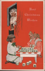 Fade Away Best Christmas Wishes - 2 Girls Playing with Blocks While Santa Hides Behind a Curtain Postcard Postcard Postcard