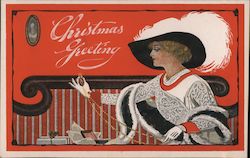 Christmas Greetings - A Woman in a Large Hat Looking at a Pocket Watch Postcard Postcard Postcard