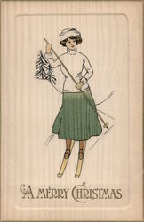 A Merry Christmas - A Woman Skiing Postcard