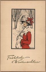 Frohliche Weihnachten Woman in Red Coat, White Hat With Red Flower Postcard