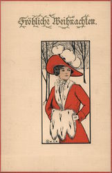 Woman in a Christmas outfit in the snow Postcard