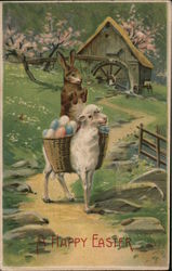 A HAPPY EASTER - Bunny Riding a Sheep With Bunnies Postcard Postcard Postcard