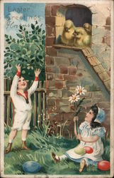 Easter Greetings - Children, Chicks Postcard
