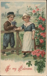 To my Valentine - Girl and Boy, Flowers Postcard