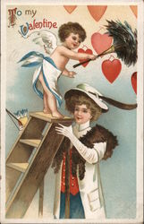 To My Valentine - Cupid Dusting Hearts Over a Woman Postcard