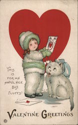 Valentine Greetings - Girl Giving a Valentine to a Cat Postcard