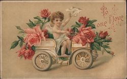 Cupid in car with flowers Postcard