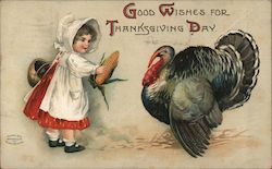 Good Wishes for Thanksgiving Day - Girl Giving Corn to Turkey Postcard