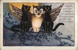 A Happy Halloween - Owl and Two Black Cats Postcard