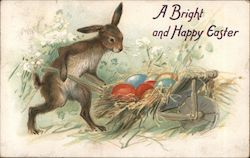 A Bright Happy Easter - Bunny Carrying Eggs in a Wheelbarrow Postcard
