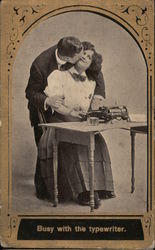 Man Kissing Woman Sitting at Typewriter, Busy with the Typewriter Postcard
