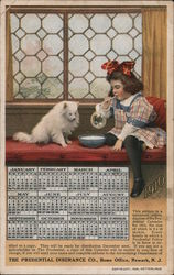 1910 Prudential Calendar - Girl Blowing Bubbles with Dog Postcard